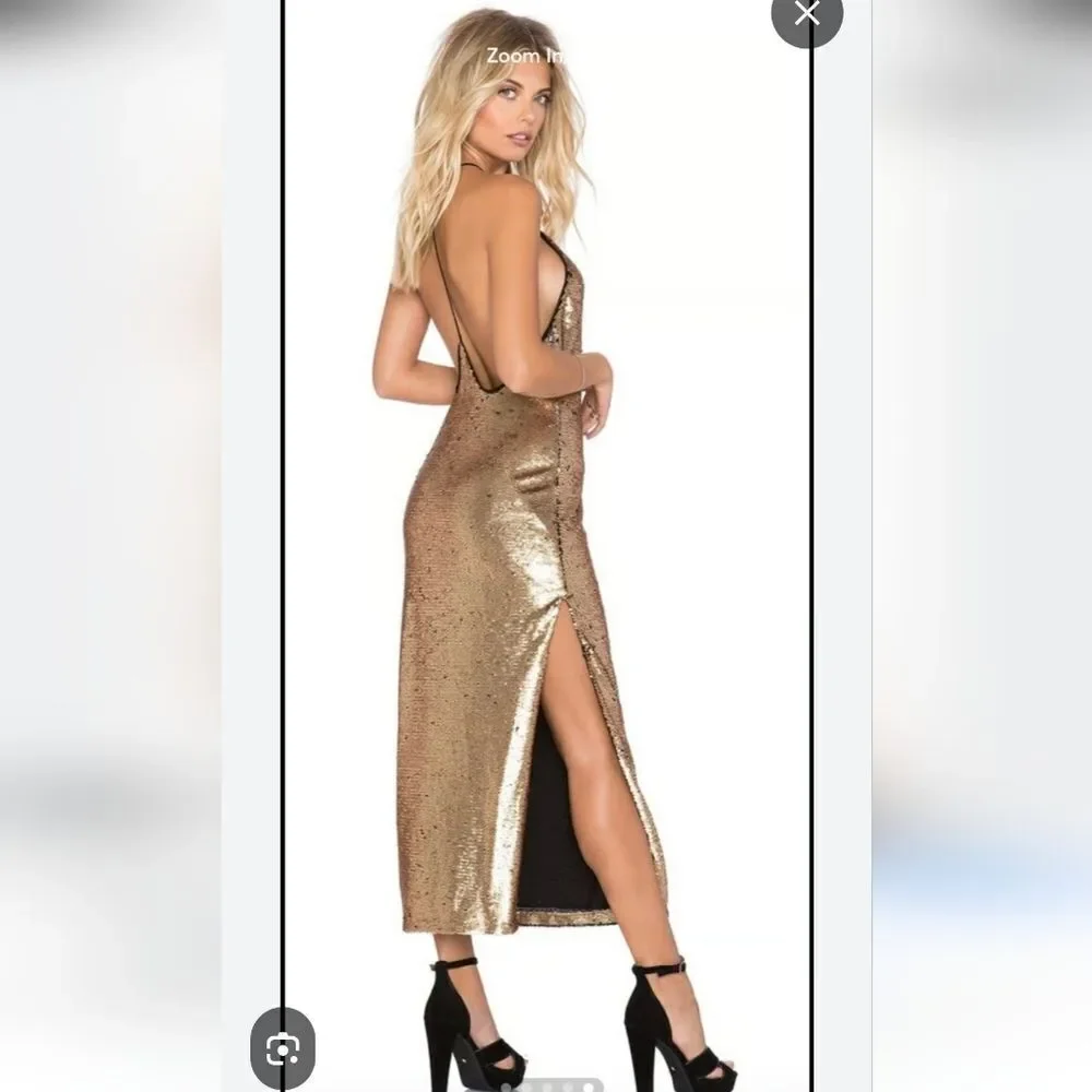 NBD x Revolve Sequin Halter Style Midi Dress Gold Size S NWT